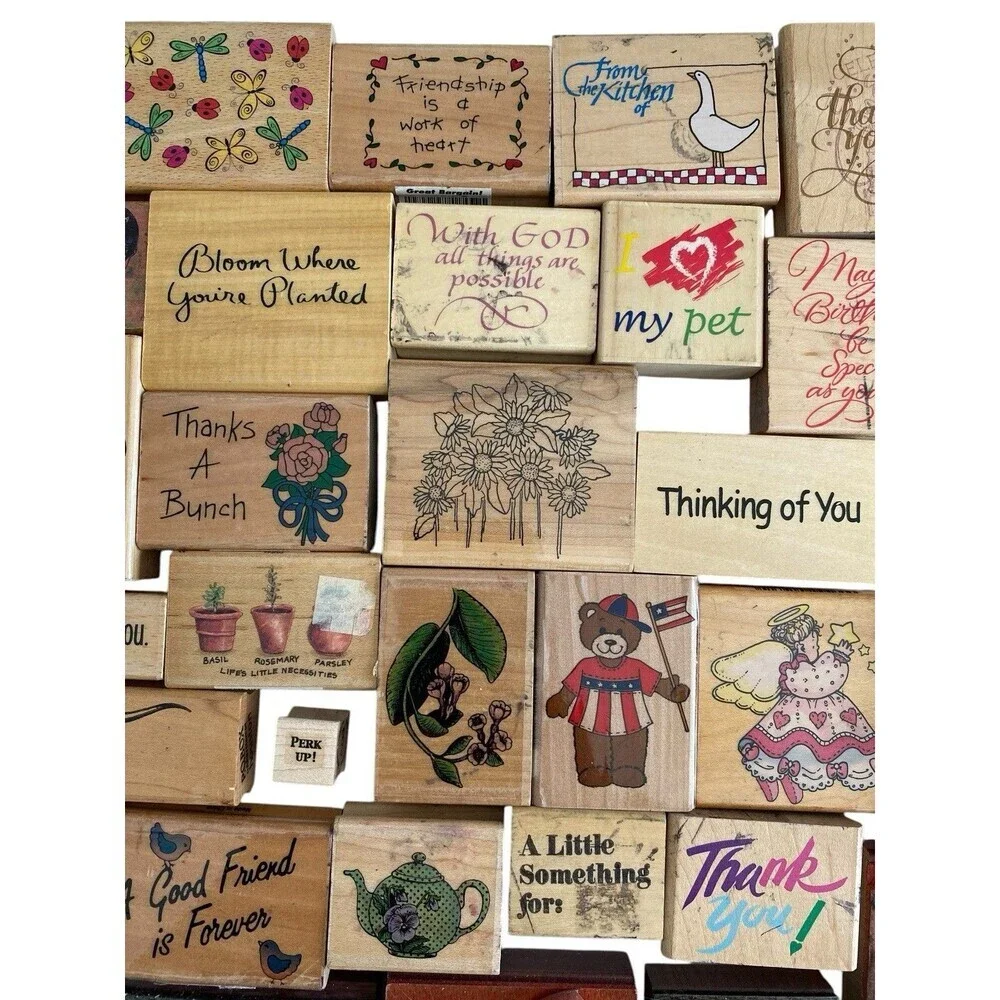 48 Rubber Stamp Lot Wood Mount & Acrylics New and Used Assorted